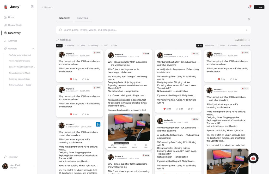The Jucey Discover screen